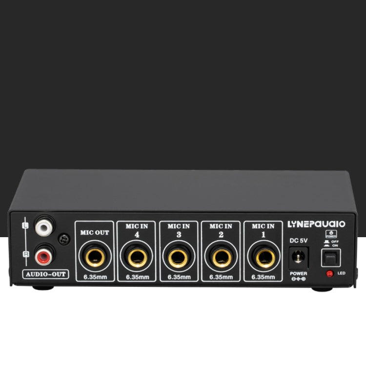 Mezclador de micrófono de 4 canales B054 compatible con salida estéreo con ajuste de graves y agudos de reverberación, fuente de alimentación USB de 5V, enchufe de EE. UU., B054