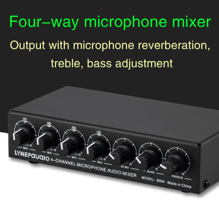 Mezclador de micrófono de 4 canales B054 compatible con salida estéreo con ajuste de graves y agudos de reverberación, fuente de alimentación USB de 5V, enchufe de EE. UU., B054