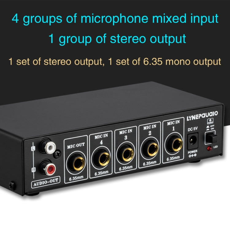 Mezclador de micrófono de 4 canales B054 compatible con salida estéreo con ajuste de graves y agudos de reverberación, fuente de alimentación USB de 5V, enchufe de EE. UU., B054