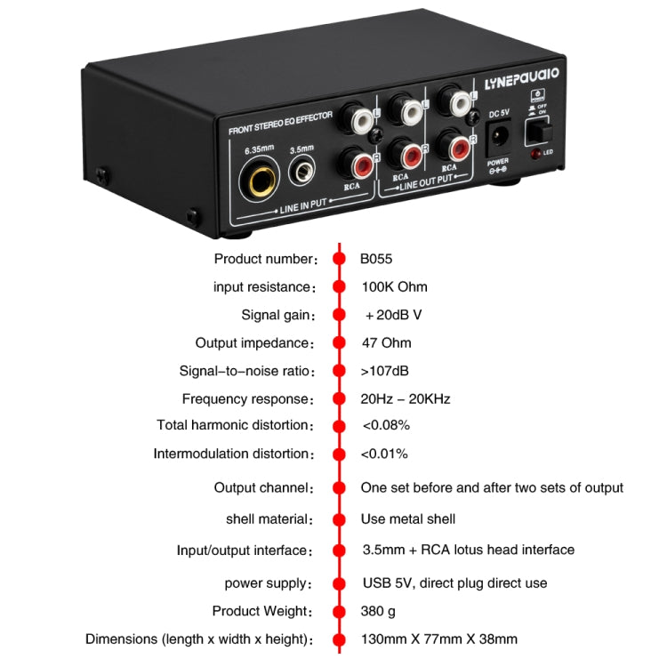 Mezclador de 3 canales Amplificador estéreo frontal Ajustador de altos/medios/graves, fuente de alimentación USB de 5 V, enchufe de EE. UU., B056