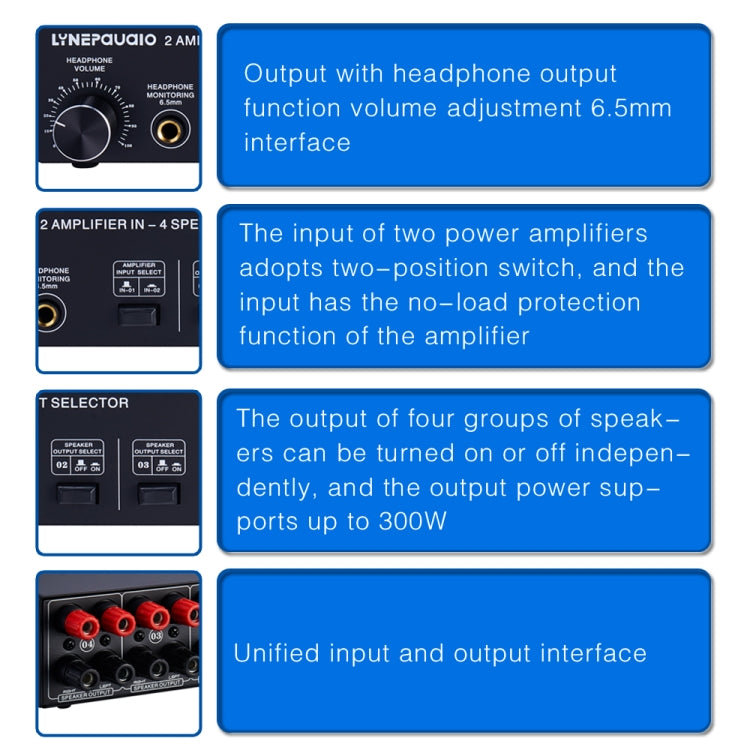 B032 Amplificador de potencia de 2 entradas y 4 salidas Conmutador de sonido Altavoz Calidad de sonido sin pérdidas 300 W por canal Distribuidor de interruptor Comparador con función de monitoreo de auriculares / Entrada de audio, B032