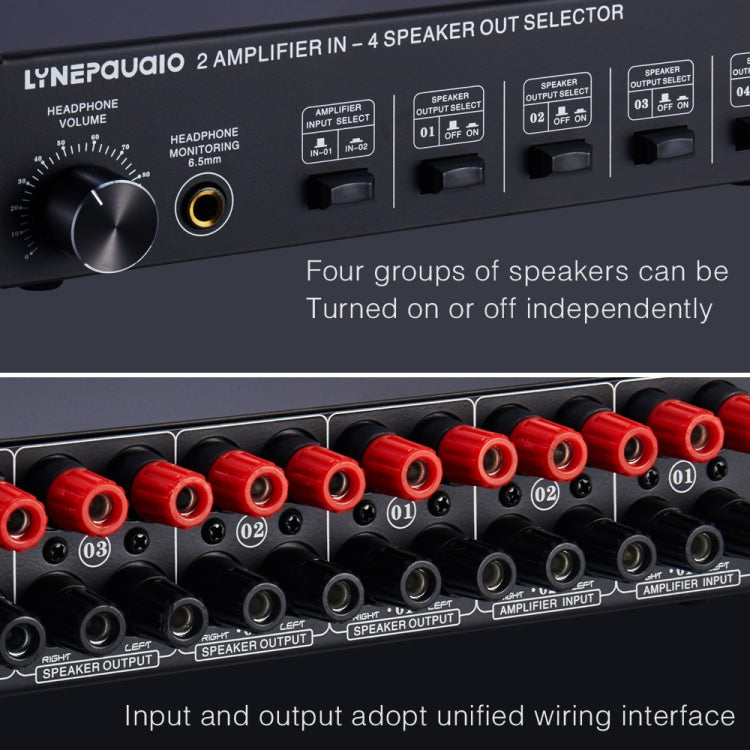 B032 Amplificador de potencia de 2 entradas y 4 salidas Conmutador de sonido Altavoz Calidad de sonido sin pérdidas 300 W por canal Distribuidor de interruptor Comparador con función de monitoreo de auriculares / Entrada de audio, B032