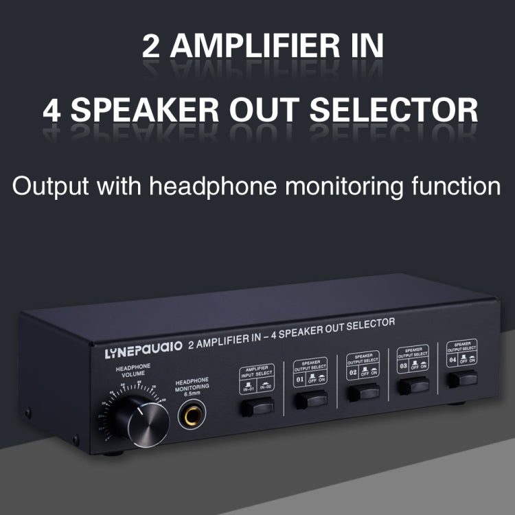 B032 Amplificador de potencia de 2 entradas y 4 salidas Conmutador de sonido Altavoz Calidad de sonido sin pérdidas 300 W por canal Distribuidor de interruptor Comparador con función de monitoreo de auriculares / Entrada de audio, B032