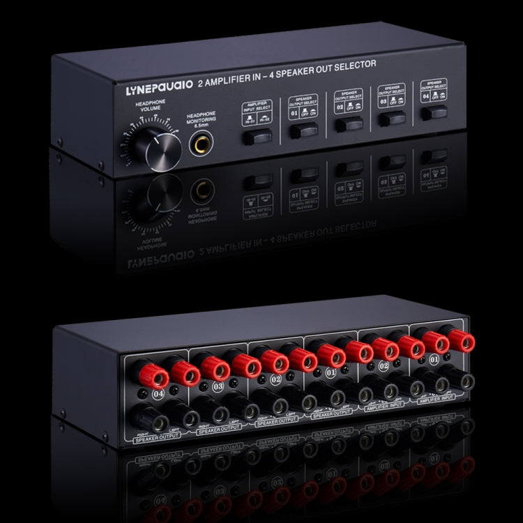 B032 Amplificador de potencia de 2 entradas y 4 salidas Conmutador de sonido Altavoz Calidad de sonido sin pérdidas 300 W por canal Distribuidor de interruptor Comparador con función de monitoreo de auriculares / Entrada de audio, B032
