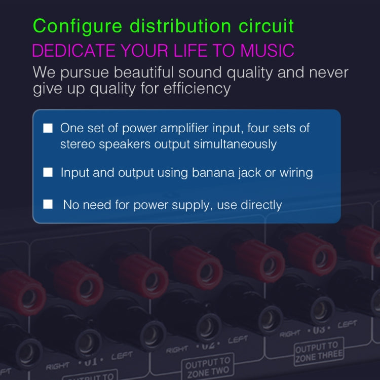 Distribuidor de altavoces de sonido con amplificador de 1 entrada y 4 salidas, fuente de sonido de 4 áreas, panel de distribución de señal, entrada de audio única, 300 W por canal, B030