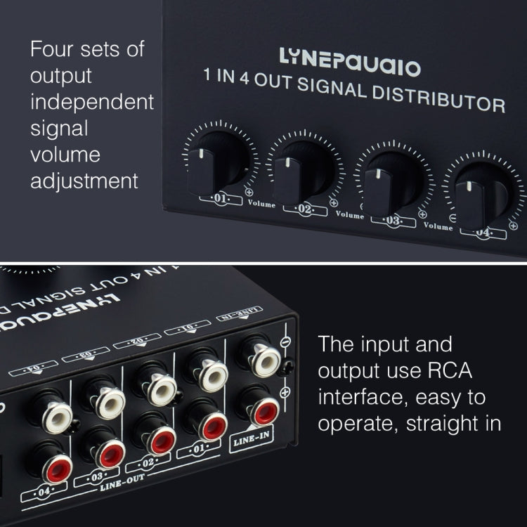 Amplificador de señal estéreo frontal de 1 entrada y 4 salidas, ajuste de volumen de salida independiente, interfaz RCA, asignador sin pérdida, enchufe estadounidense, B029