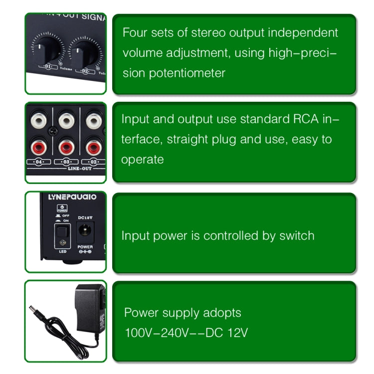 Amplificador de señal estéreo frontal de 1 entrada y 4 salidas, ajuste de volumen de salida independiente, interfaz RCA, asignador sin pérdida, enchufe estadounidense, B029