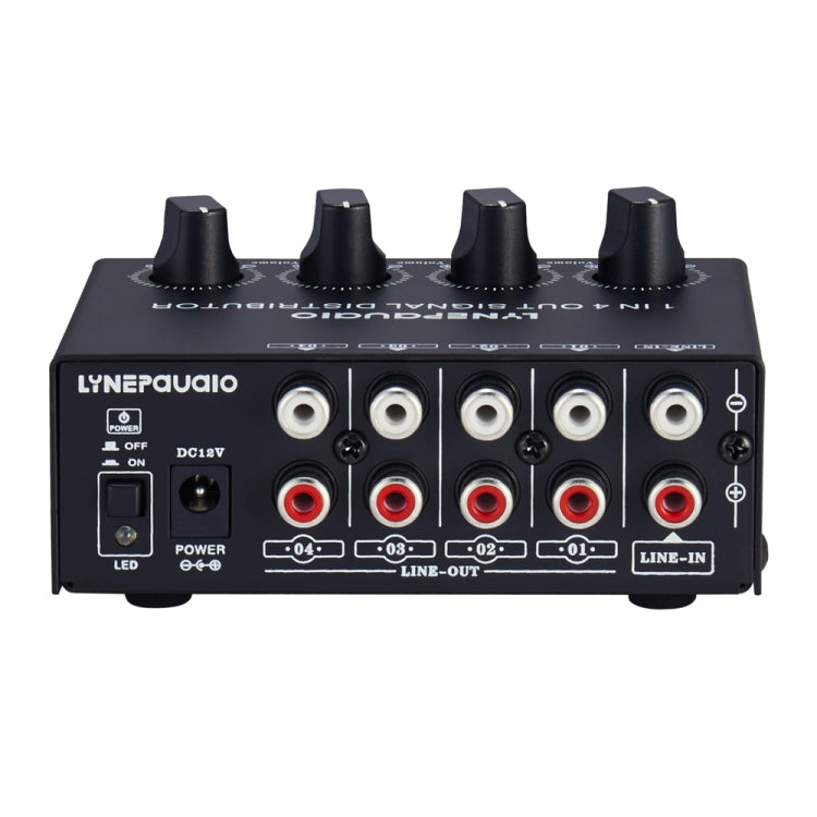 Amplificador de señal estéreo frontal de 1 entrada y 4 salidas, ajuste de volumen de salida independiente, interfaz RCA, asignador sin pérdida, enchufe estadounidense, B029