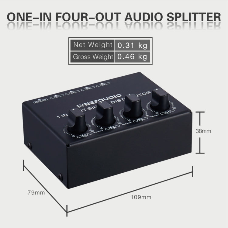 Amplificador de señal estéreo frontal de 1 entrada y 4 salidas, ajuste de volumen de salida independiente, interfaz RCA, asignador sin pérdida, enchufe estadounidense, B029