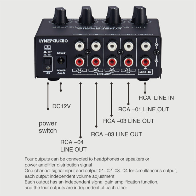 Amplificador de señal estéreo frontal de 1 entrada y 4 salidas, ajuste de volumen de salida independiente, interfaz RCA, asignador sin pérdida, enchufe estadounidense, B029