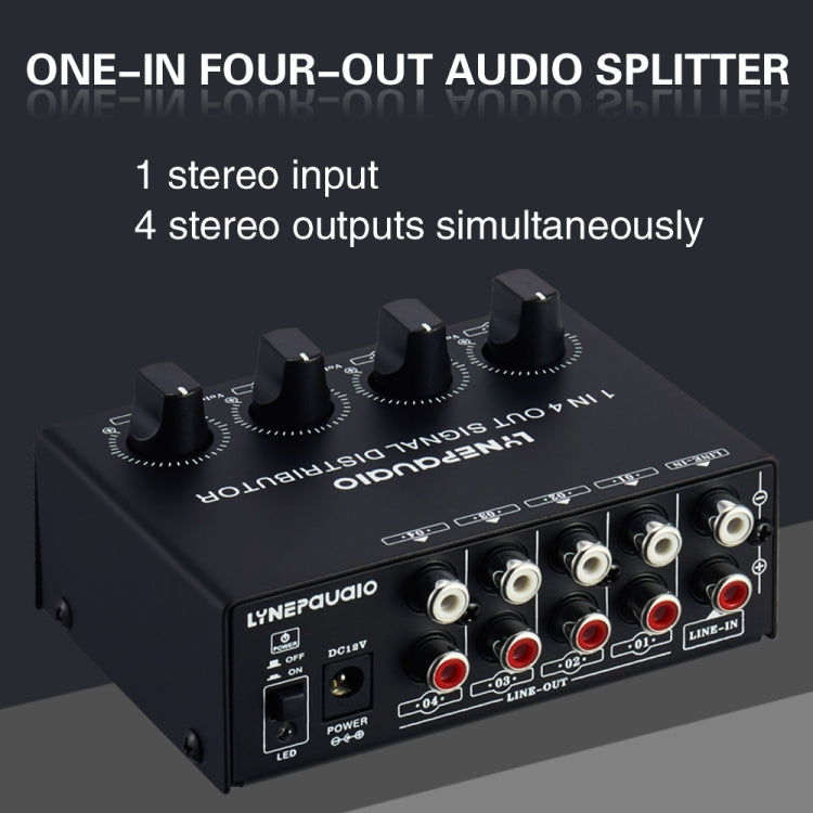 Amplificador de señal estéreo frontal de 1 entrada y 4 salidas, ajuste de volumen de salida independiente, interfaz RCA, asignador sin pérdida, enchufe estadounidense, B029