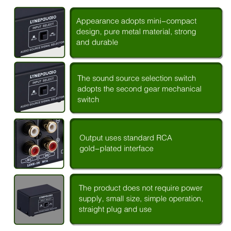 B101 2 en 1 salida (1 entrada 2 salida) Conmutador de selección de señal de fuente de audio Altavoz de computadora RCA Conmutador de fuente de audio sin pérdidas, B101