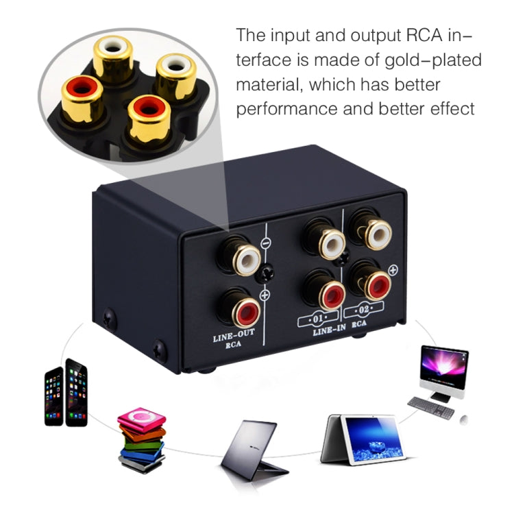 B101 2 en 1 salida (1 entrada 2 salida) Conmutador de selección de señal de fuente de audio Altavoz de computadora RCA Conmutador de fuente de audio sin pérdidas, B101