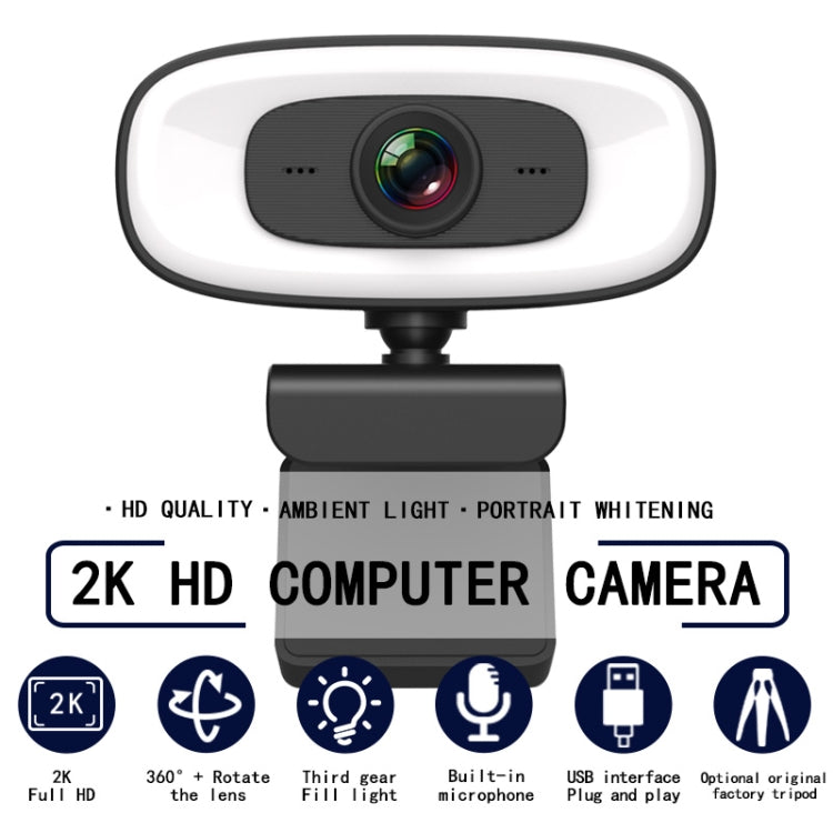 C10 2K HD sin distorsión, rotación de 360 grados, luz de relleno de tres velocidades, cámara web con unidad libre USB, micrófono integrado con sonido más claro