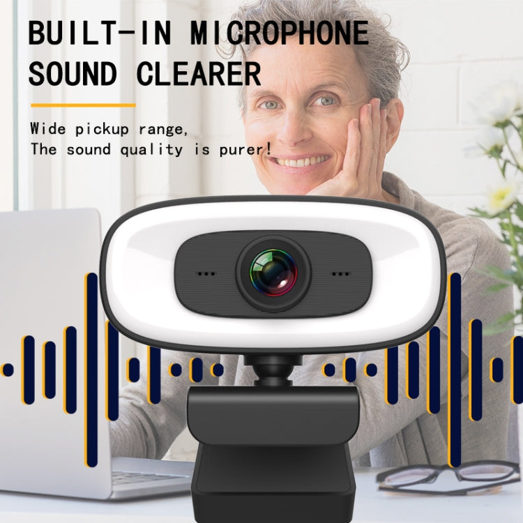 C10 2K HD sin distorsión, rotación de 360 grados, luz de relleno de tres velocidades, cámara web con unidad libre USB, micrófono integrado con sonido más claro