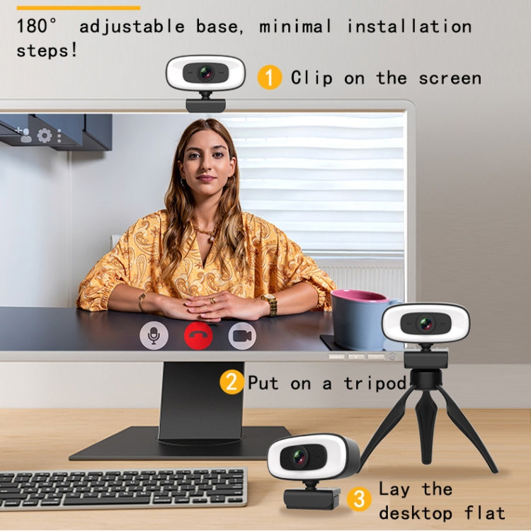 C10 2K HD sin distorsión, rotación de 360 grados, luz de relleno de tres velocidades, cámara web con unidad libre USB, micrófono integrado con sonido más claro