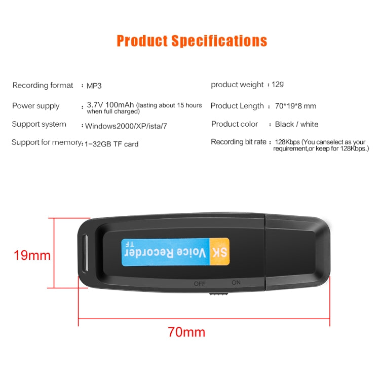 SK001 Profesional Recargable U-Disk Portátil USB Digital Audio Voice Recorder Pen Soporte Tarjeta TF Hasta 32GB Dictáfono Flash Drive, 32GB