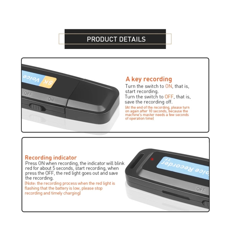 SK001 Profesional Recargable U-Disk Portátil USB Digital Audio Voice Recorder Pen Soporte Tarjeta TF Hasta 32GB Dictáfono Flash Drive, 32GB