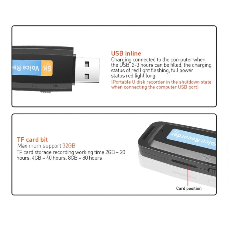 SK001 Profesional Recargable U-Disk Portátil USB Digital Audio Voice Recorder Pen Soporte Tarjeta TF Hasta 32GB Dictáfono Flash Drive, 32GB