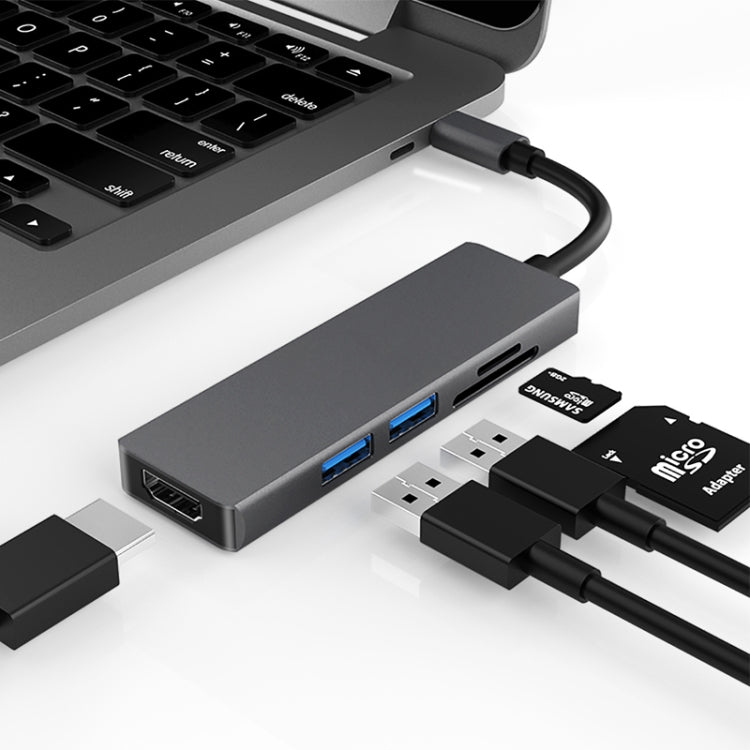 5 en 1 Tipo-c a HDMI + 2 x USB 3.0 + Adaptador HUB de ranura para tarjeta SD / TF, HDMI + 2 x USB 3.0 + SD / TF Card Slot