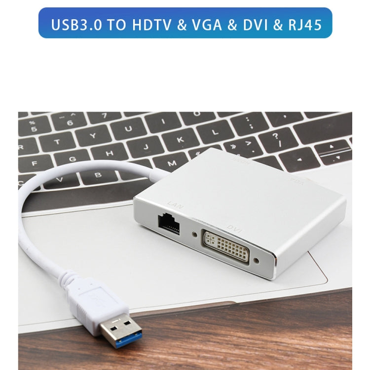 WS-03 4 en 1 USB 3.0 a VGA + HDMI + DVI + Convertidor Ethernet de tarjeta de red RJ45