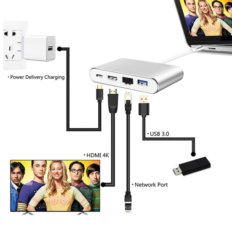 Estación de acoplamiento multifuncional del convertidor WS-07 Type-C 3.1 a RJ45 + HDMI + USB3.0 + PD 4 en 1, WS-07