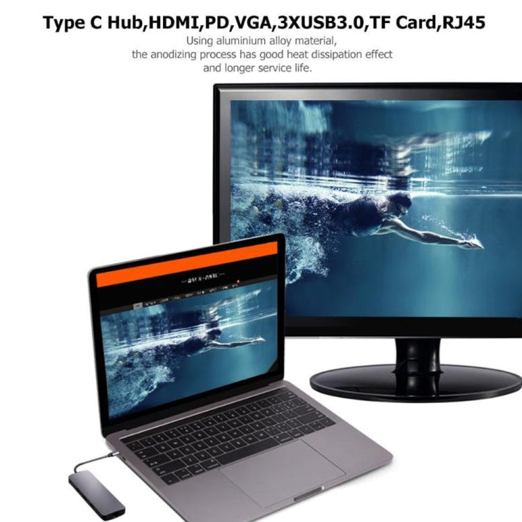 WS-11 8 en 1 Tipo-C a HDMI + VGA + SD + TF + RJ45 + PD + 2 x USB3.0 HUB Adaptador Convertidor