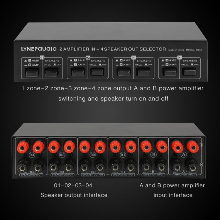AMPLIFICADOR DE POTENCIA 2 en 4 salidas, conmutador de altavoz, comparador divisor, 300W por canal sin pérdida de calidad de sonido, B048