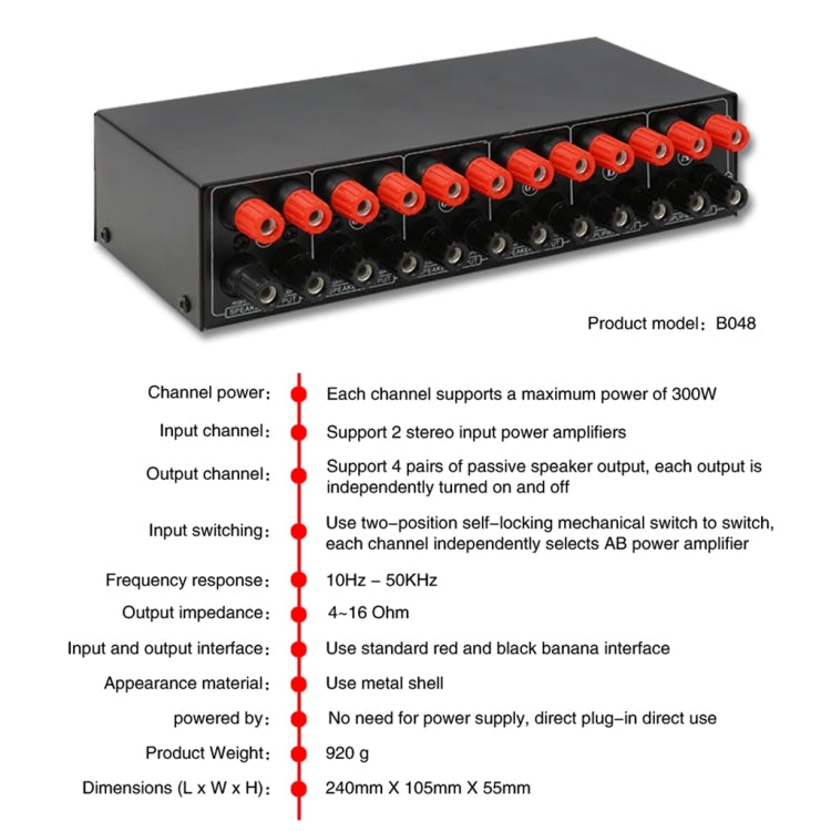 AMPLIFICADOR DE POTENCIA 2 en 4 salidas, conmutador de altavoz, comparador divisor, 300W por canal sin pérdida de calidad de sonido, B048