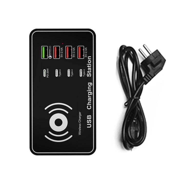 A7 de alta potencia 100W 4 x PD 20W + cargador USB QC3.0 + cargador inalámbrico Qi de 15W estación de carga inteligente multipuerto, EU Plug, US Plug, AU Plug, UK Plug