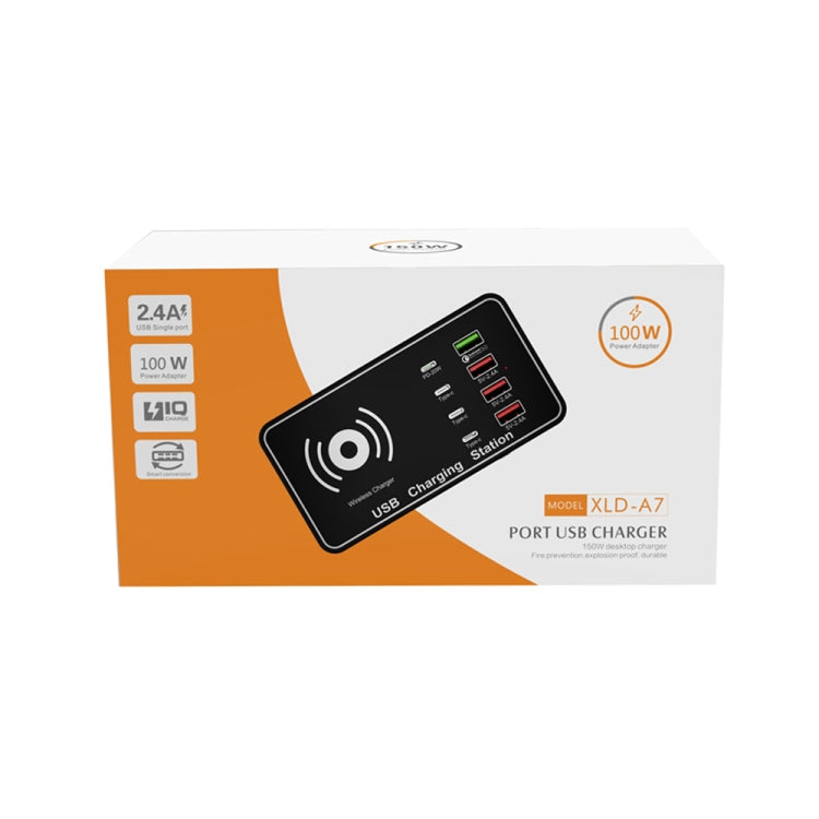 A7 de alta potencia 100W 4 x PD 20W + cargador USB QC3.0 + cargador inalámbrico Qi de 15W estación de carga inteligente multipuerto, EU Plug, US Plug, AU Plug, UK Plug