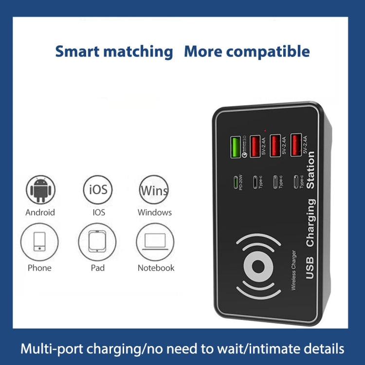 A7 de alta potencia 100W 4 x PD 20W + cargador USB QC3.0 + cargador inalámbrico Qi de 15W estación de carga inteligente multipuerto, EU Plug, US Plug, AU Plug, UK Plug
