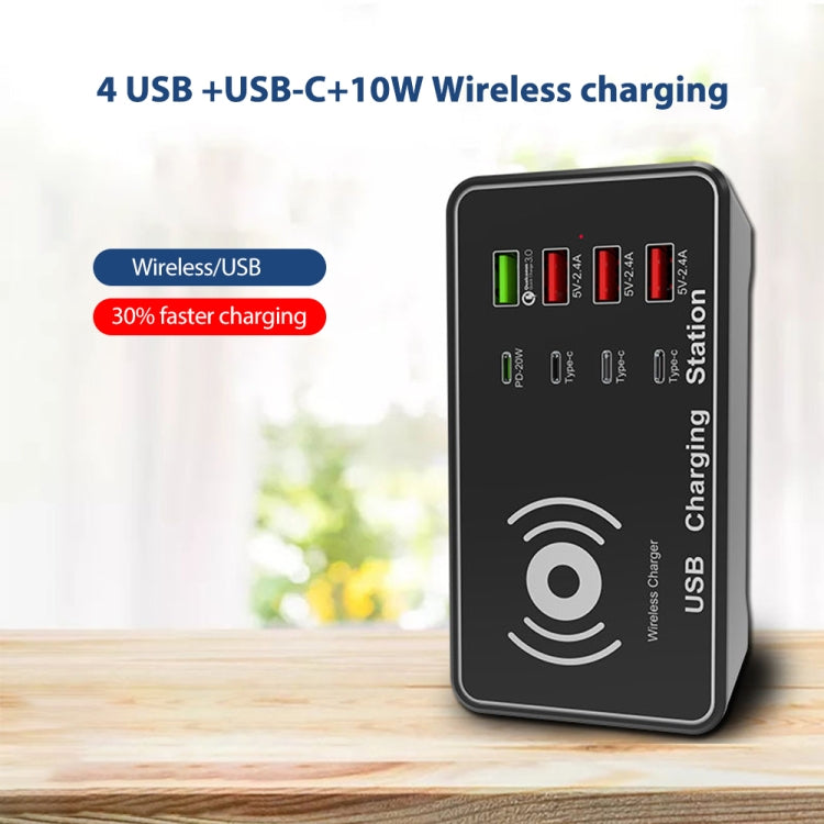 A7 de alta potencia 100W 4 x PD 20W + cargador USB QC3.0 + cargador inalámbrico Qi de 15W estación de carga inteligente multipuerto, EU Plug, US Plug, AU Plug, UK Plug