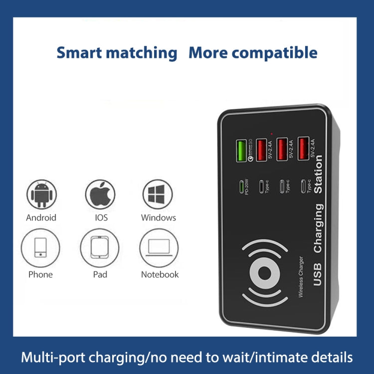 A7 de alta potencia 100W 4 x PD 20W + cargador USB QC3.0 + cargador inalámbrico Qi de 15W estación de carga inteligente multipuerto, EU Plug, US Plug, AU Plug, UK Plug