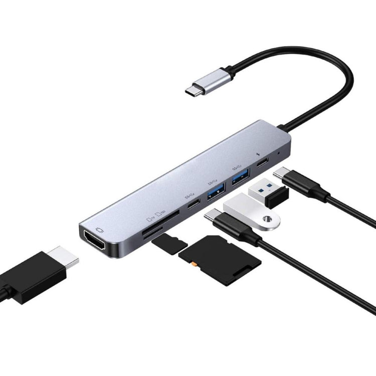 Adaptador divisor multifunción 7 en 1 tipo C a HDMI + SD/TF + 2 x tipo C + 2 x USB3.0