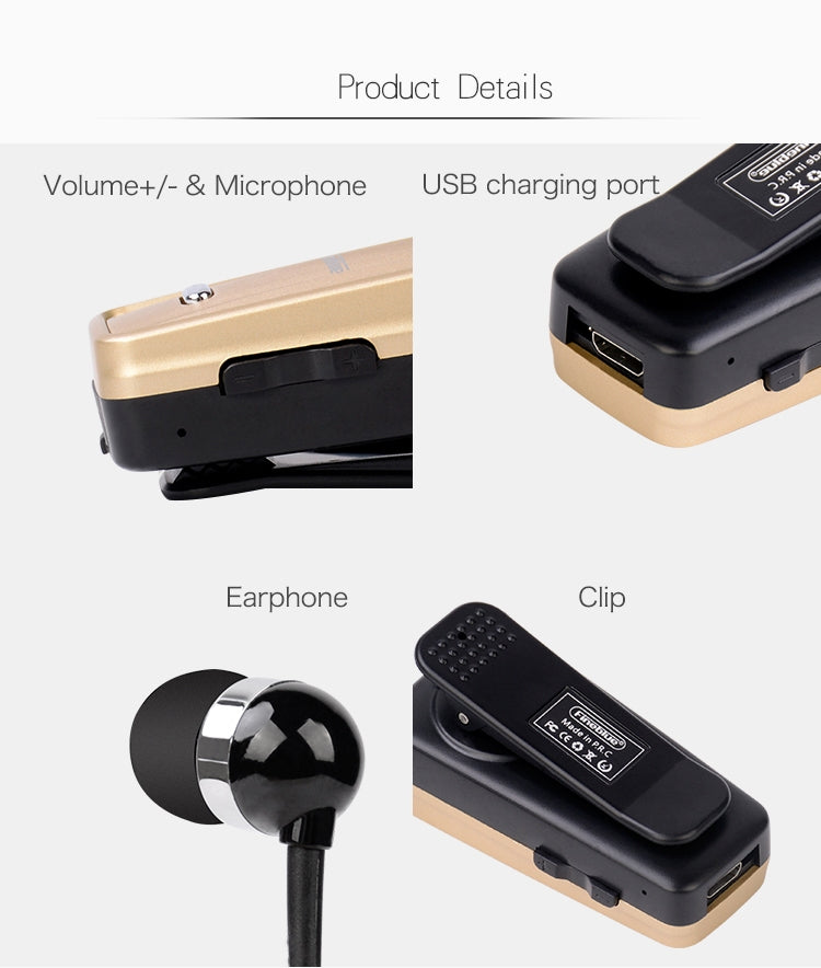 F980 CSR4.1 Cable retráctil Llamador Vibración Recordatorio Auriculares Bluetooth antirrobo, Black, White, Silver, Gold