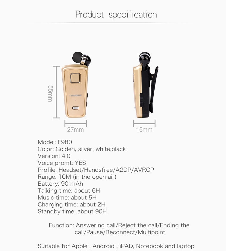 F980 CSR4.1 Cable retráctil Llamador Vibración Recordatorio Auriculares Bluetooth antirrobo, Black, White, Silver, Gold