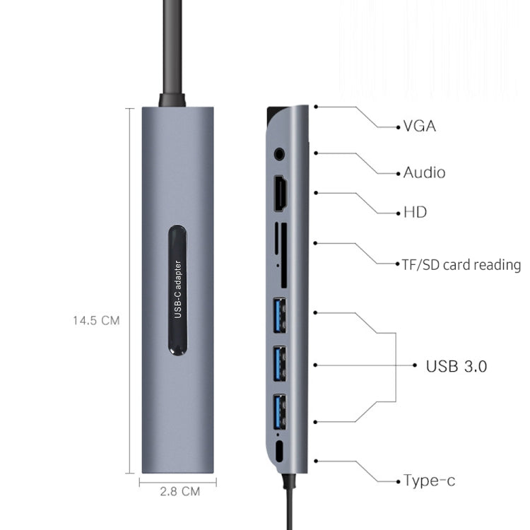 V161B 9 en 1 Tipo-C a HD / VGA / USB3.0 / SD / Audio de 3,5 mm / Lector de tarjetas TF HUB, V161B