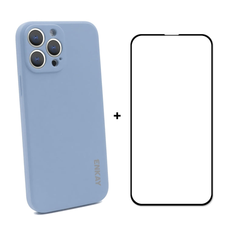 Hat-Prince ENKAY Funda protectora de silicona líquida a prueba de golpes Funda protectora contra caídas + Película protectora de vidrio templado de cobertura completa para iPhone 13 Pro, For iPhone 13 Pro