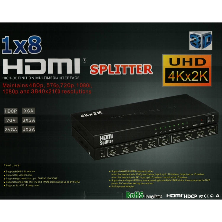 1 divisor HDMI de 8 4K x 2K 3840*2160/30HZ, 1 x 8 4K x 2K