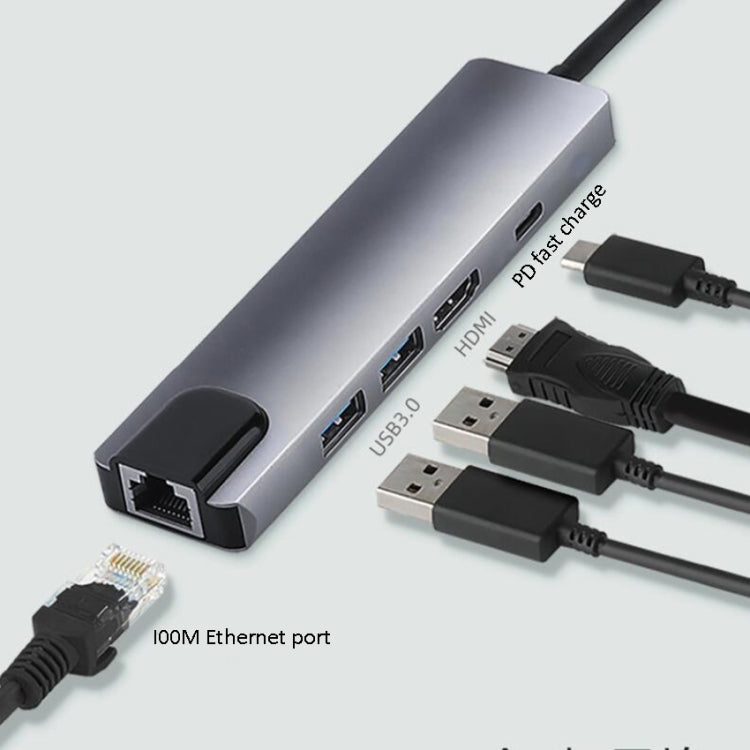 Adaptador USB tipo C 5 en 1 a RJ45+USB3.0 x 2+PD+HDMI HUB, RJ45+USB3.0 x 2+PD+HDMI