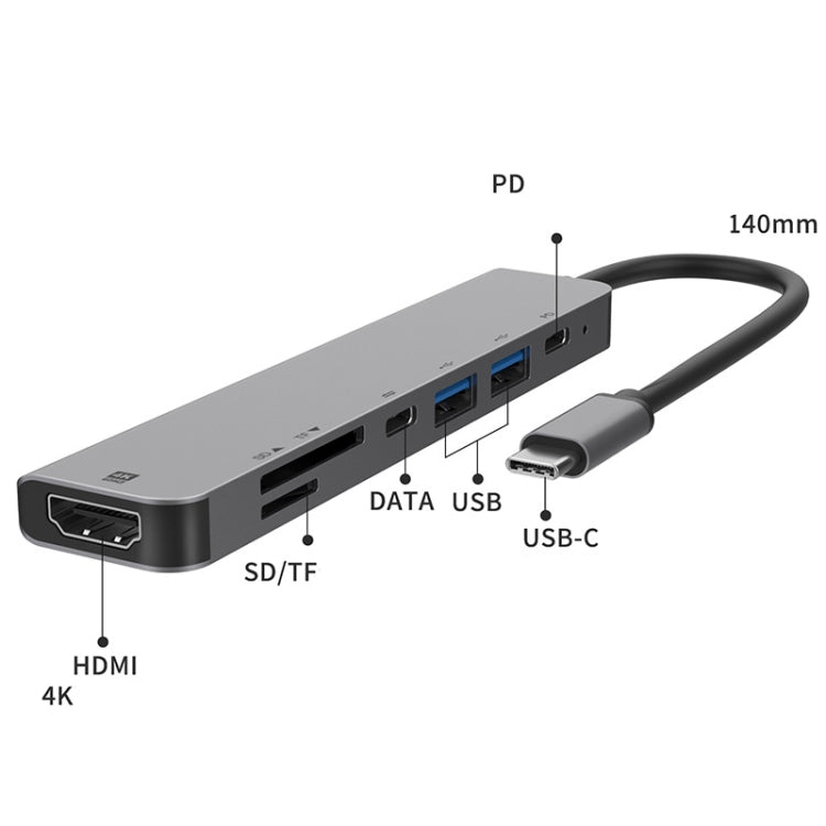 UC902 7 en 1 multifunción HDMI+SD/TF+USB x 2+Tipo-C+PD a USB-C / Tipo-C HUB de aleación de aluminio