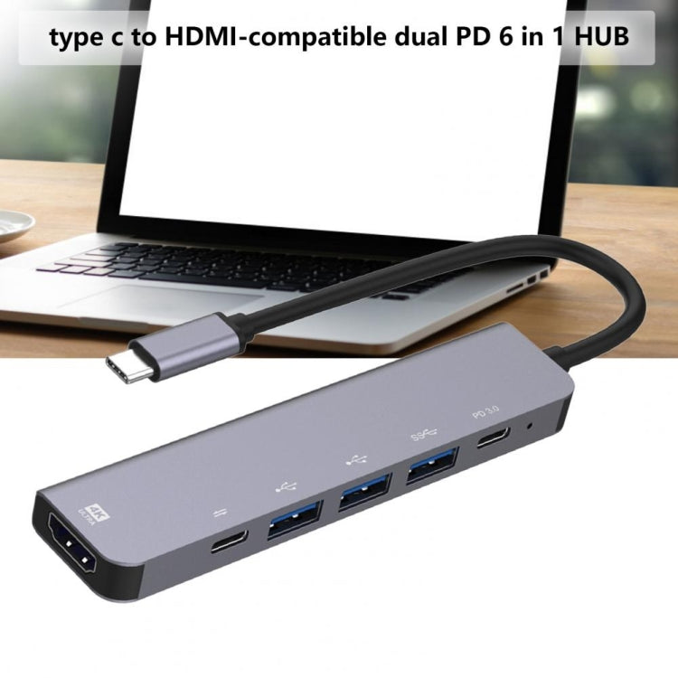 Adaptador HUB de estación de acoplamiento tipo C 6 en 1 a HDMI + PD + tipo C + USB3.0 + USB2.0 x 2