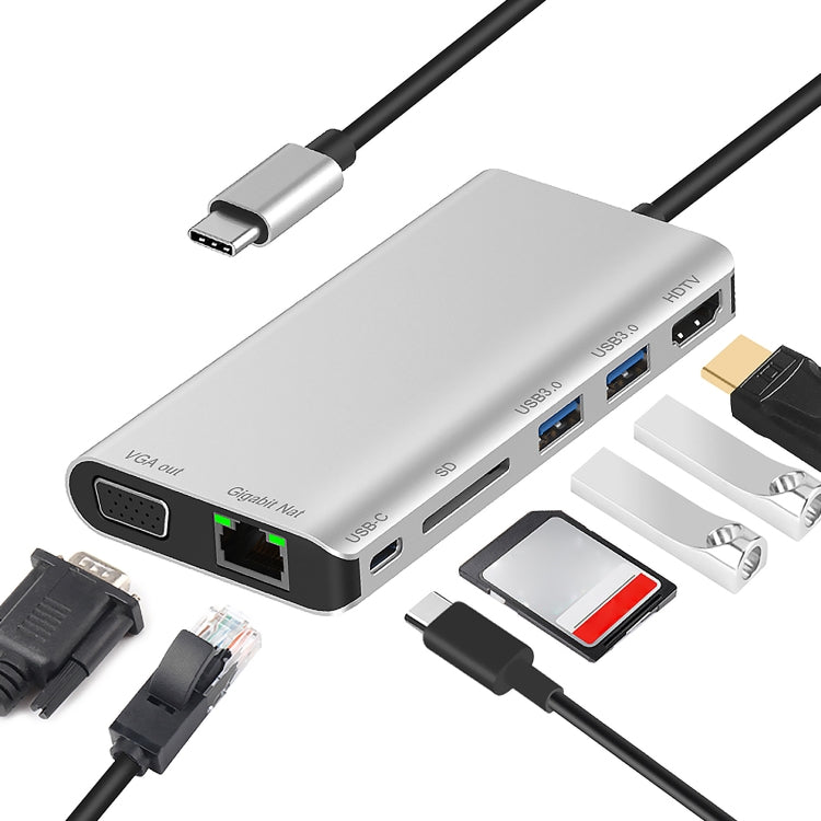 7 en 1 Tipo-C a RJ45+VGA+Tipo-C+Ranura para tarjeta SD+USB3.0 x 2+Adaptador de concentrador de base HDMI, 7 in 1