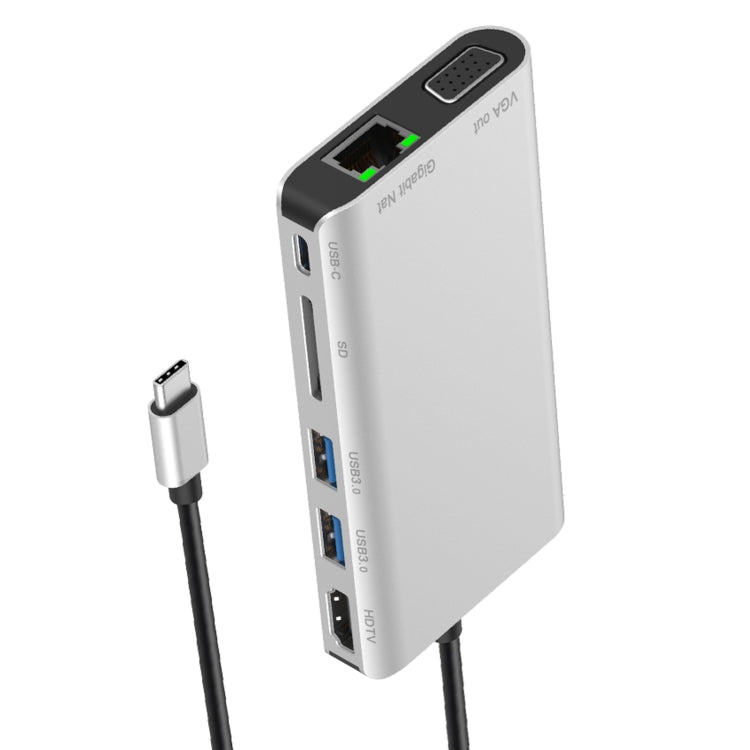 7 en 1 Tipo-C a RJ45+VGA+Tipo-C+Ranura para tarjeta SD+USB3.0 x 2+Adaptador de concentrador de base HDMI, 7 in 1