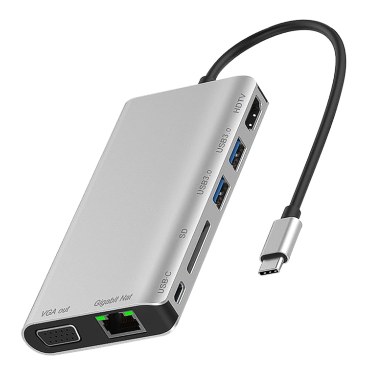 7 en 1 Tipo-C a RJ45+VGA+Tipo-C+Ranura para tarjeta SD+USB3.0 x 2+Adaptador de concentrador de base HDMI, 7 in 1