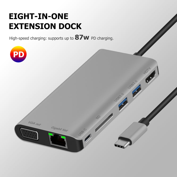 7 en 1 Tipo-C a RJ45+VGA+Tipo-C+Ranura para tarjeta SD+USB3.0 x 2+Adaptador de concentrador de base HDMI, 7 in 1