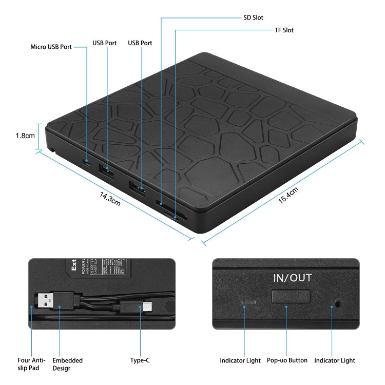 Unidad de DVD externa multifuncional USB3.0 CD DVD +/-RW Grabadora con ranura SD