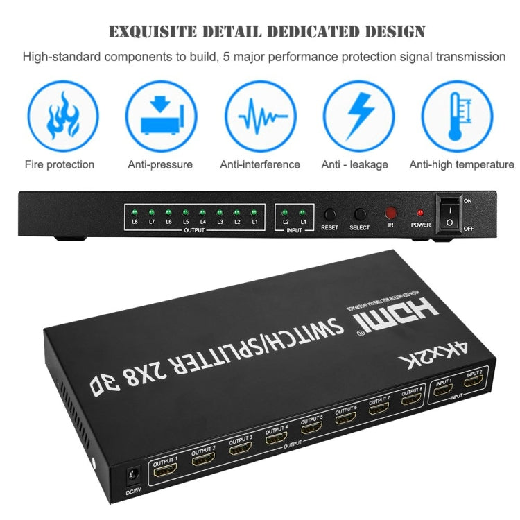 Conmutador de vídeo HDMI 2 en 8 Full HD 4K x 2K