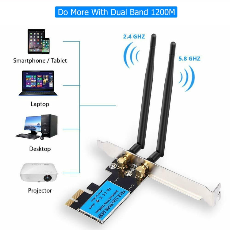 Tarjeta de red inalámbrica PCIe de doble banda 1200Mbps 5G / 2.4G